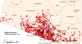 From October 1999 through the present, over 2000 deaths were recorded at the Arizona-Mexico border. Water stations, placed by the nonprofit Humane Borders, are intended to mitigate the deaths.